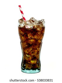 Cola in glass with straw and ice cubes isolated on white background