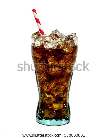 Cola in glass with straw and ice cubes isolated on white background