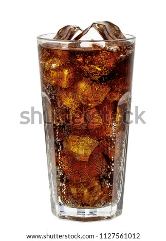 Cola in high ball glass with ice cubes isolated on white background.