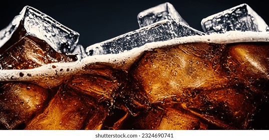 Cola with Ice. Close up of the ice cubes in cola water. Texture of carbonate drink with bubbles in glass. Cola soda and ice splashing fizzing or floating up to top of surface. Cold drink background.