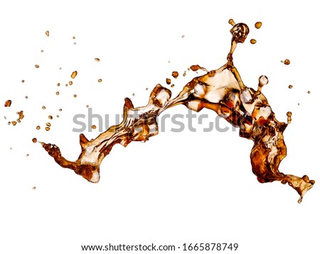 Cola with ice cubes splash isolated, close up
