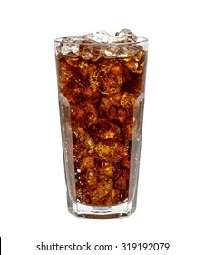 Cola with ice cubes in tall glass on white background including clipping path