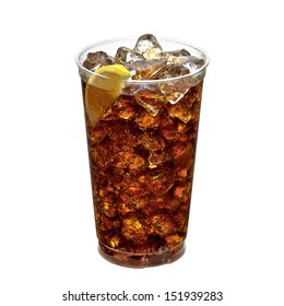 Cola with ice and lemon slice in takeaway cup on white background