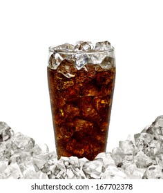 Cola With Ice Pile On White Background