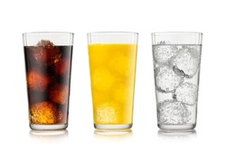 Cola Soda Drink With Lemonade And Orange Soda With Ice Cubes And Bubbles On White.