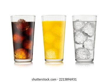 Cola soda drink with lemonade and orange soda with ice cubes and bubbles on white.