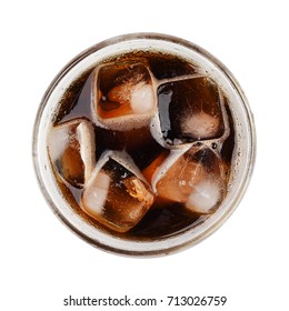 Cola Soda With Ice On Glass Isolated On White Background Top View