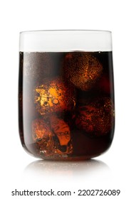 Cola Soda Soft Drink With Ice Cubes In Large Glass On White.