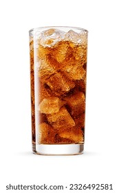 Cola soft drink in a transparent glass with ice cubes Isolated on white background.