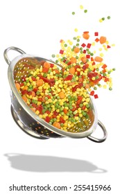 Colander With Frozen Mixed Vegetables Isolated On White