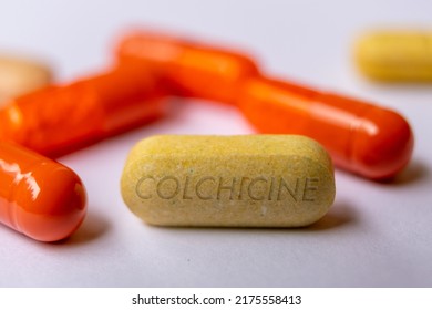 Colchicine Tablet Close Up Of Medication Used To Treat Gout And Behcet Disease, Pericarditis, Familial Mediterranean Fever.