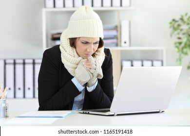 Cold Angry Executive Working At Office With A Heater Failure In Winter