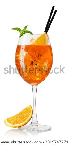 cold aperol spritz cocktail in glass with straw and slice of orange isolated on white background
