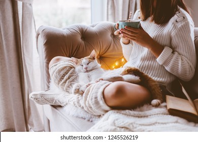 Cold autumn or winter weekend while reading a book and drinking warm cocoa with marshmellows. Lazy day with cat on the sofa. Cosy scene, hygge concept.