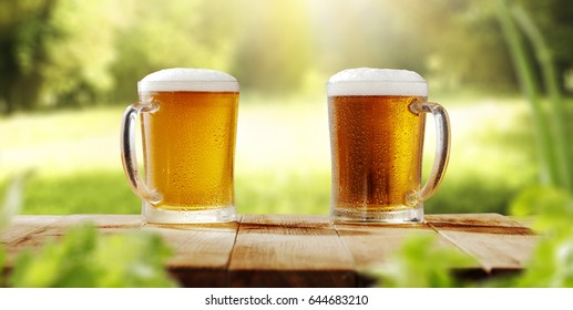 Cold Beer In Garden On Wooden Desk Of Free Space For Your Decoration 