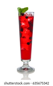 Cold Berry Mint Cocktail In Sling Glass Isolated On White