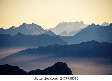 Cold bluish mountain landscape in fog at sunrise - Powered by Shutterstock