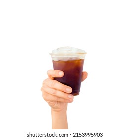 Cold Brew Iced Americano Coffee In A Bio Cup On Hand Showing Isolated On White Background.herbal Ice Tea Drink.Ice Aroma Black Coffee, Espresso, Americano With Medium Roasted Coffee Beans.minimal Idea