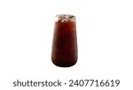 Cold Brew Iced Coffee In A Clear Cup On A White Background, Iced latte coffee on plastic glass and tube-sucking isolated white background, summer drink concept, Iced Americano on white background
