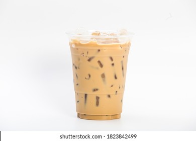 Cold Brew Iced Coffee Espresso Or Iced Latte In A Takeaway Clear Plastic Glass 16oz. Isolated White Background