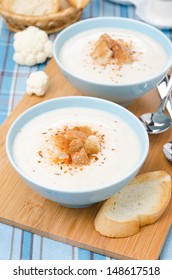 Cold Cauliflower Soup With Cottage Cheese And Croutons, Top View