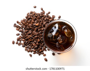 Cold Coffee And Coffee Beans In A Glass On A White Background