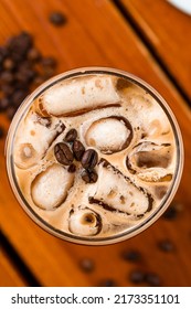 Cold Coffee Cocktail With Beer And Ice, Freshly Brewed Cold Brew Coffee With Ice Top View, Flat Lay