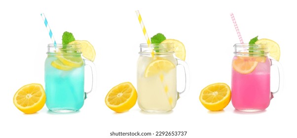 Cold, colorful summer lemonade drinks in mason jar glasses with lemons. Blueberry, lemon and strawberry in mason jar glasses isolated on a white background. - Powered by Shutterstock