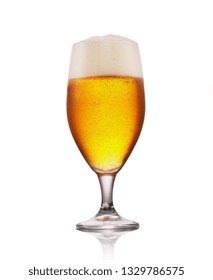 Cold Craft Light Beer In A Glass With Water Drops. Glass Of Beer Isolated On White Background.