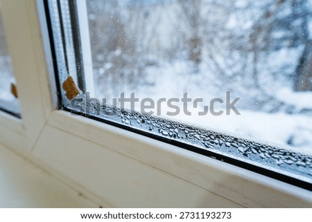 Cold Draft Affecting Indoor Insulation Quality, Frosted Glass With Water Droplets And Mold On Frame, Wintry Scene Visible Through Fogged Glass With Signs Of Insulation Failure And Moisture Damage