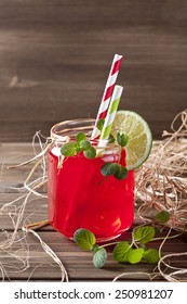 Cold Drink In Mason Jar On A Wooden Background