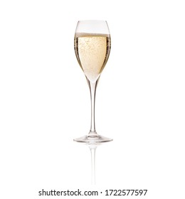 Cold fancy champagne bubbling and fizzing in transparent glass goblet on white background