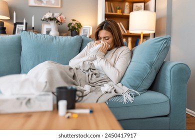 Cold And Flu. Portrait Of Ill Woman Caught Cold, Feeling Sick And Sneezing In Paper Wipe. Closeup Of Beautiful Unhealthy Girl Covered In Blanket Wiping Nose. Healthcare Concept. - Powered by Shutterstock