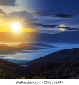 cold fog in the valley with sun and moon at twilight. day and night time change concept. mysterious countryside scenery of carpathian mountains in morning light - Powered by Shutterstock