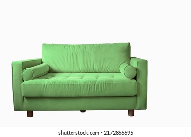 Cold Green Sofa With Rollers On Wooden Legs Isolated On White. Light Green Couch Isolated