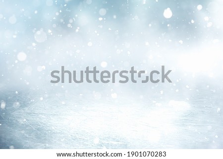 COLD ICE BACKGROUND WITH GLITTERING SNOW FLAKES AND WHITE BOKEH, ICY SURFACE, FRESH WINTER BACKDROP