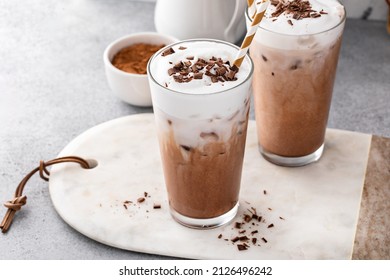 Cold Or Iced Chocolate Drink With Milk Foam, Refreshing Sweet Drink