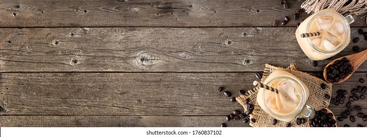 Cold Iced Coffee Corner Border Over A Rustic Dark Wood Banner Background With Copy Space