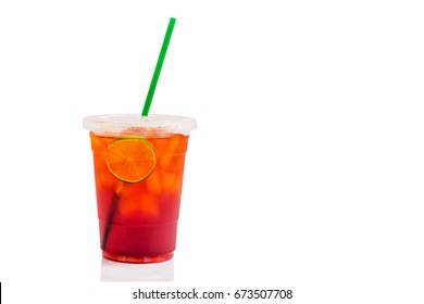 Cold Iced Lemon Tea And Straw In Takeaway Plastic Cup On White Background With Path