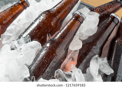 Cold Icy Beer Bottles In A Cooler With Ice