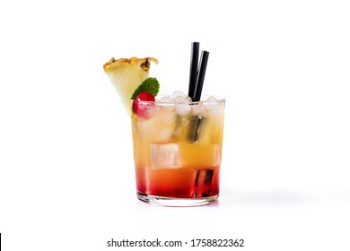 Cold Mai Tai Cocktail With Pineapple And Cherry Isolated On White Background