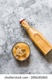 Cold Masala Iced Tea On A Gray Background, Top View.Refreshing Invigorating Drink In The Indian Style       