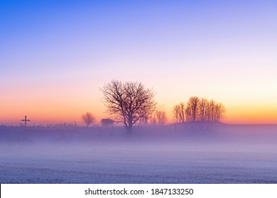 Cold Mist In Sunset In The Winter Country