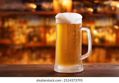 Cold mug of beer in a bar on wooden counter