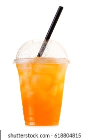 Cold Orange Soda With Ice And Straw In Takeaway Plastic Cup Isolated On White Background