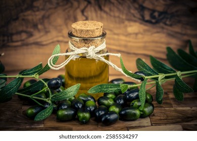 cold pressed extra virgin olive oil on olive wood