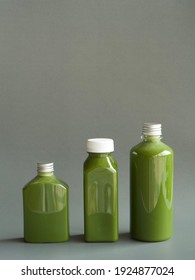 Cold pressed vegetable juice in plastic bottles, healthy food