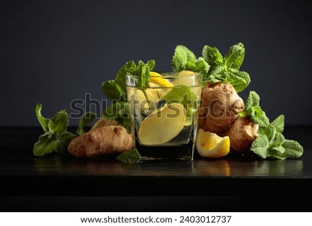 Cold refreshing drink with ice, ginger, lemon, and mint on a black background.