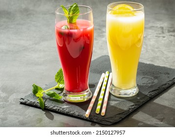 Cold refreshing fruit drinks in a sunshine