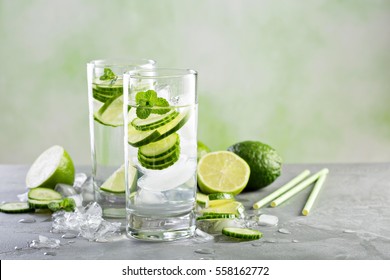 Cold And Refreshing Infused Detox Water With Lime And Cucumber In A Glass